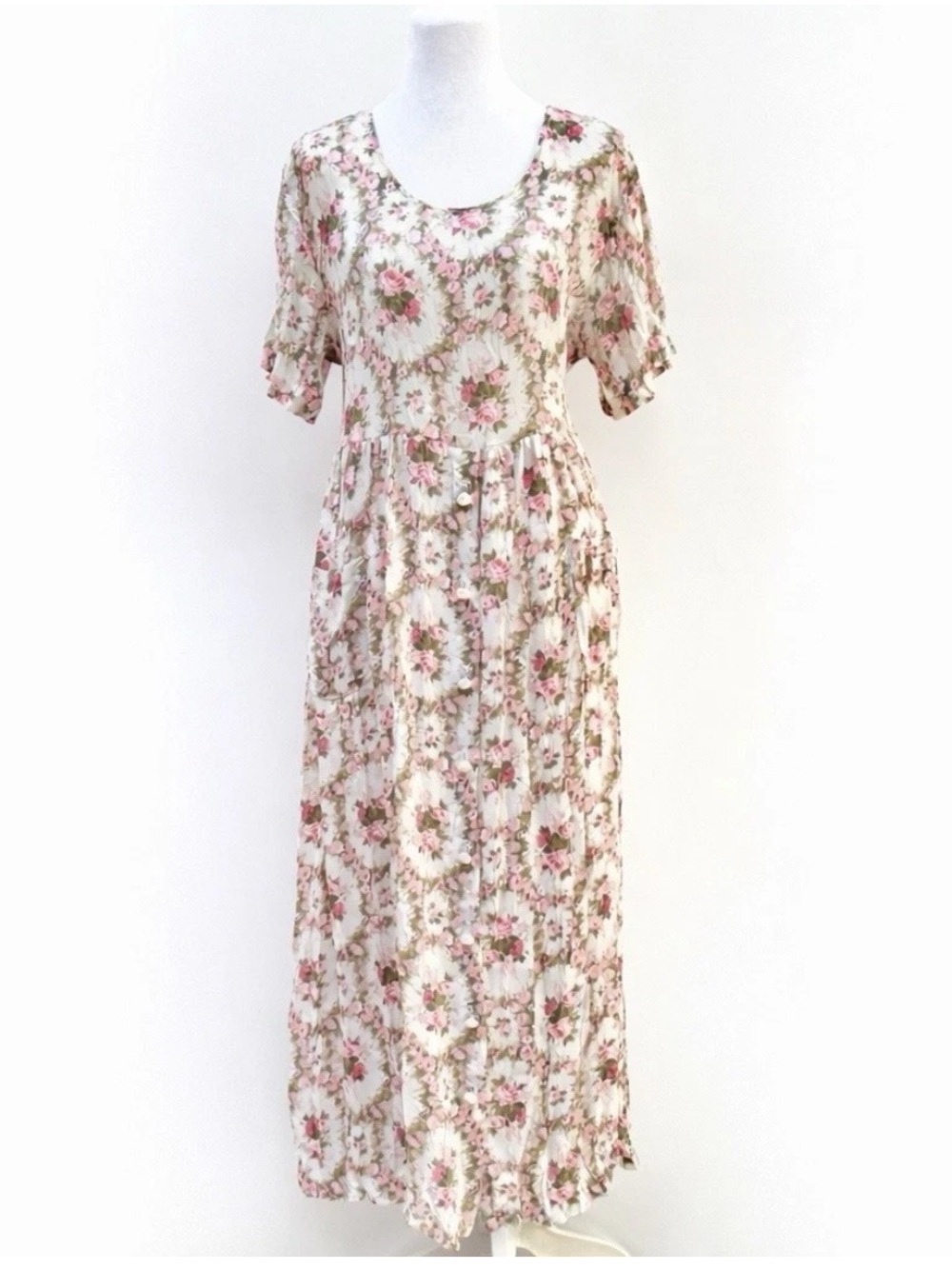 Vintage Floral Maxi Dress Women’s Size M Pink Belted Cottagecore Prairie USA